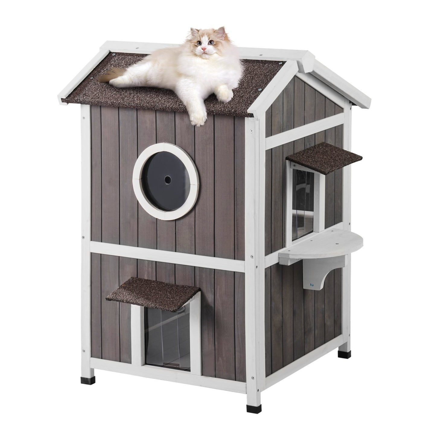 Outdoor Cat House 2-våningars vilda katthem i trä med tak- och dörrklaffar