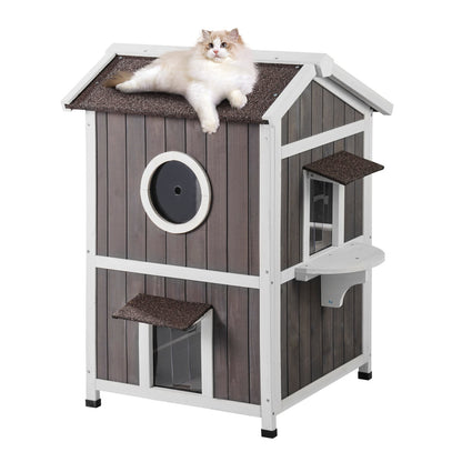 Outdoor Cat House 2-våningars vilda katthem i trä med tak- och dörrklaffar