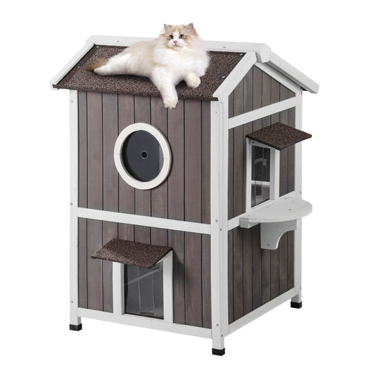 Outdoor Cat House 2-våningars vilda katthem i trä med tak- och dörrklaffar