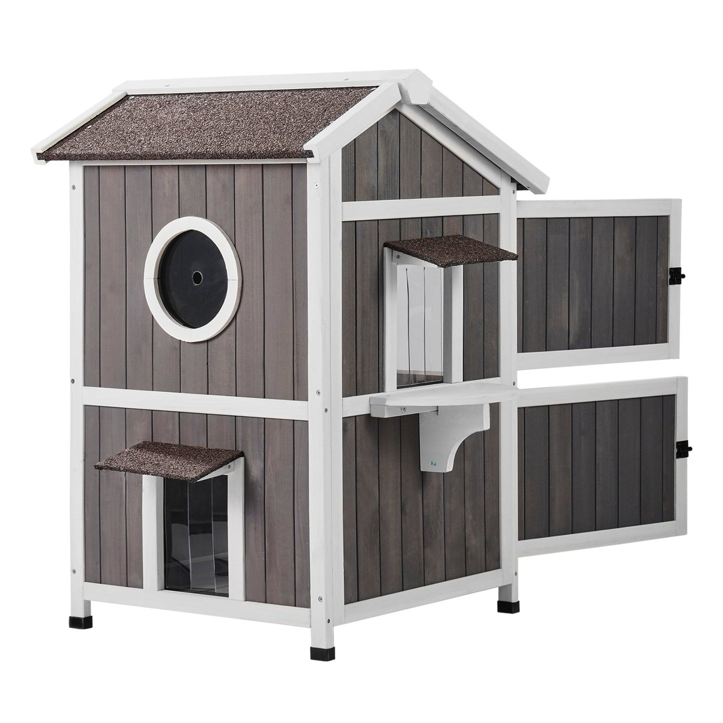Outdoor Cat House 2-våningars vilda katthem i trä med tak- och dörrklaffar