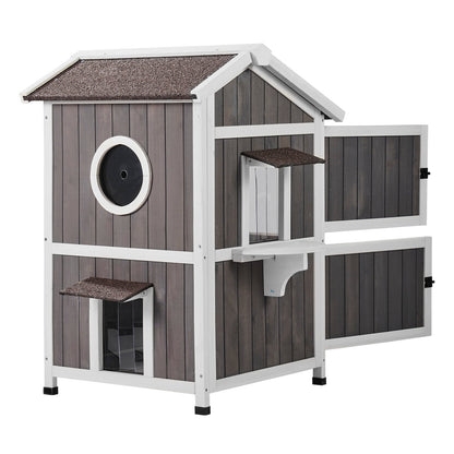Outdoor Cat House 2-våningars vilda katthem i trä med tak- och dörrklaffar