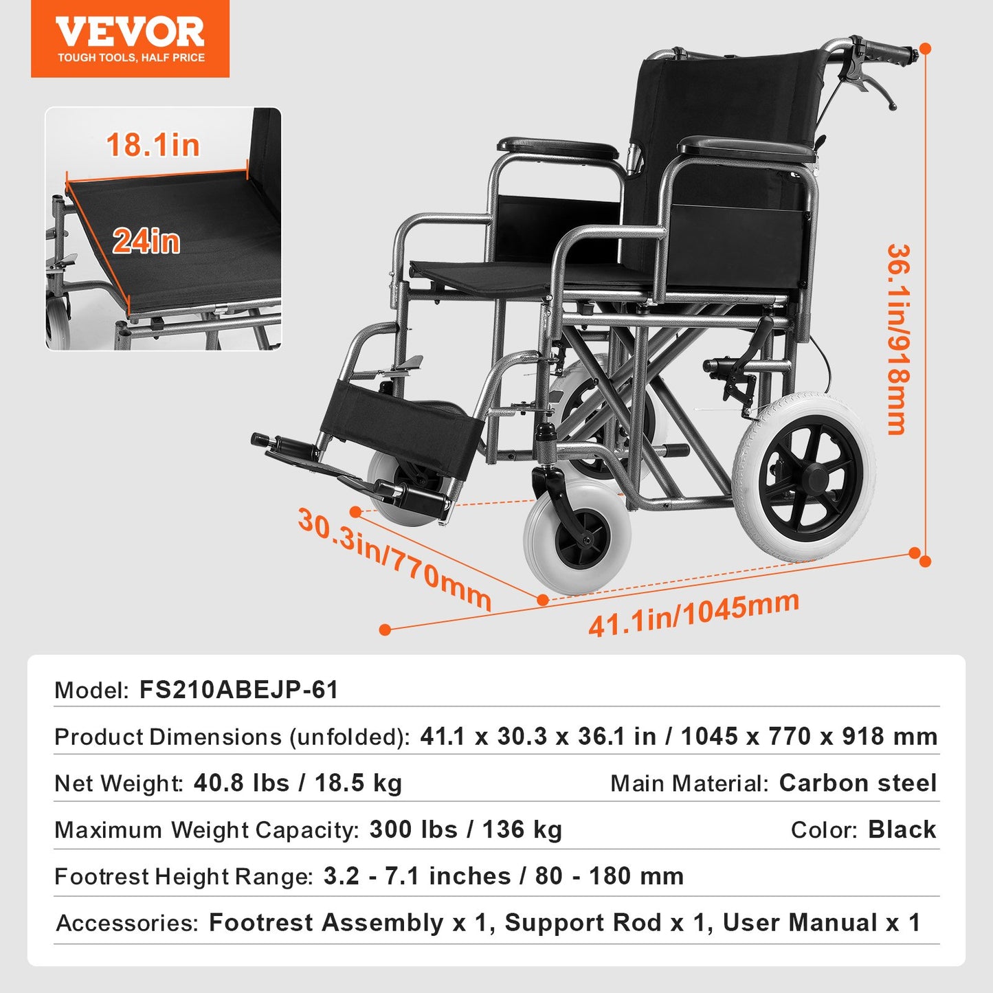 Rullstol Stål Transportstol Vikbar rullstol 24-in W Säte 300lbs