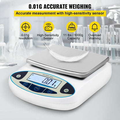 Analytisk balans, 5000g x 0,01g noggrannhetslabbvåg, högprecision elektronisk analytisk balans, 13 enheter konvertering, räknefunktion, LCD-skärm, för labbuniversitetssmycken (5000g, 0,01g)
