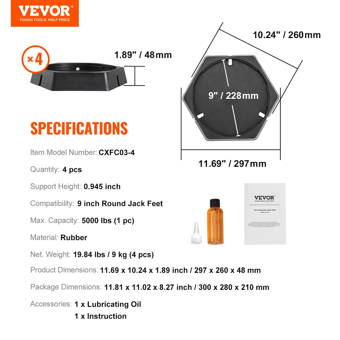 Nivellierpads für Wohnmobile, runde Landefüße (23 cm), fest angebrachte Wagenheberstabilisatoren, Gummi-Wagenheberpads, 2276 kg Tragkraft pro Wohnmobil-Wagenheberpad, Sattelkupplung, Wohnwagenanhänger, Wohnmobile der Klasse A/C (4er-Pack)