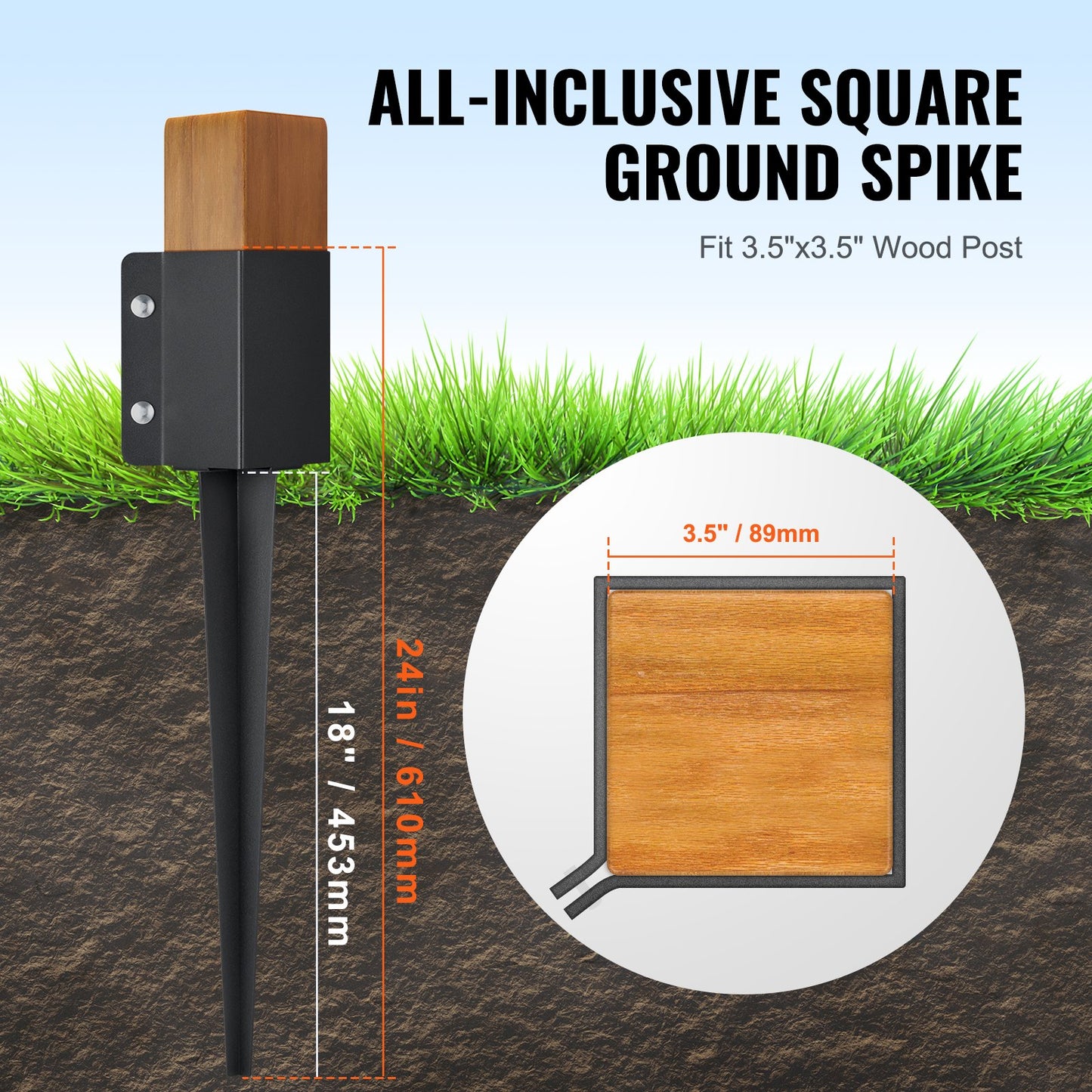 Erdspieß für Zaunpfosten, 8er-Pack, 61 x 10 x 10 cm Außendurchmesser (Innendurchmesser 8,9 x 8,9 cm), schwarz pulverbeschichteter Erdspieß aus Metall, für Briefkasten, Terrassen, Gartengeländer