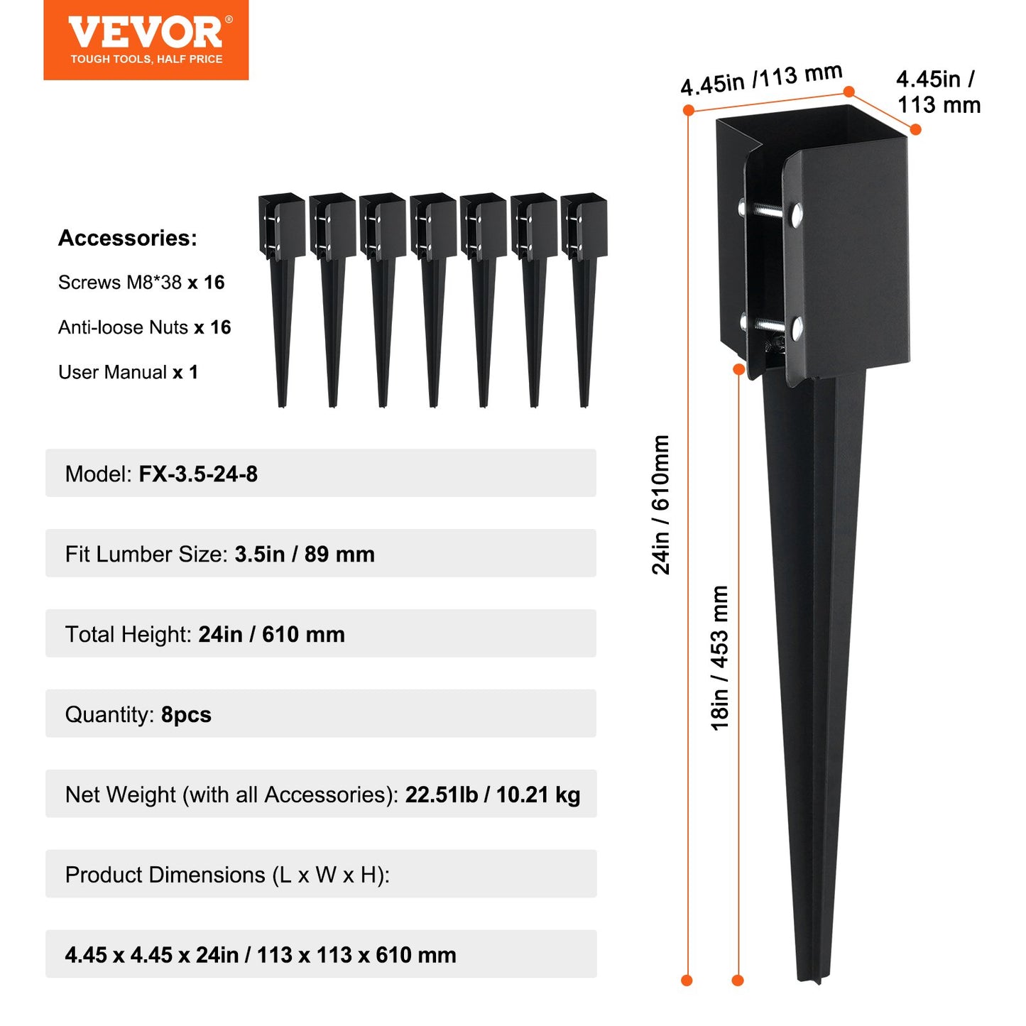 Erdspieß für Zaunpfosten, 8er-Pack, 61 x 10 x 10 cm Außendurchmesser (Innendurchmesser 8,9 x 8,9 cm), schwarz pulverbeschichteter Erdspieß aus Metall, für Briefkasten, Terrassen, Gartengeländer