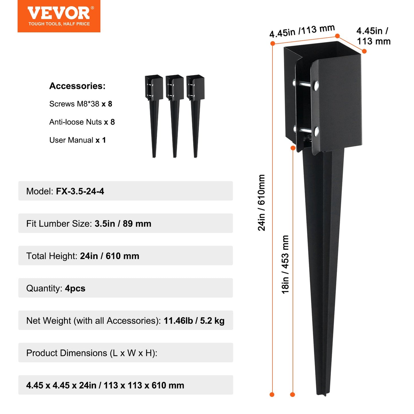 Staketstolpe Ankare Ground Spike, 4-pack 24 x 4 x 4 tum Ytterdiameter (Inre diameter 3,5 x3,5 tum), metall svart pulverlackerad stolpstake mark, för brevlådedäck trädgårdsräcke