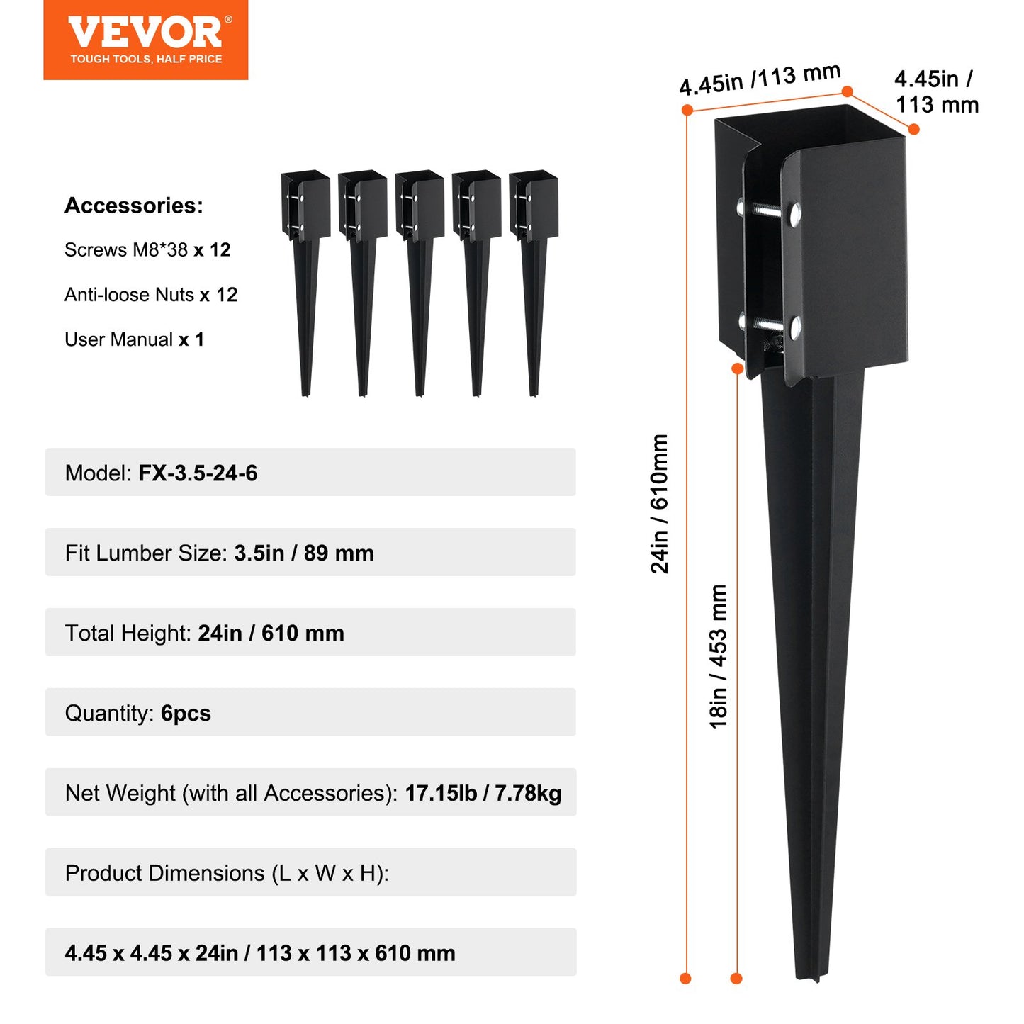 Staketstolpe Ankare Ground Spike, 6-pack 24 x 4 x 4 tum Ytterdiameter (Inre diameter 3,5 x3,5 tum), metall svart pulverlackerad stolpstake mark, för brevlådedäck trädgårdsräcke