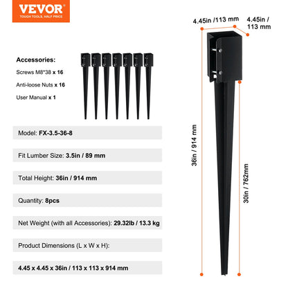 Staketstolpe Ankare Ground Spike, 8-pack 36 x 4 x 4 tum Ytterdiameter (Inre diameter 3,5 x3,5 tum), metall svart pulverlackerad stolpstake mark, för brevlåda däck trädgård räcke