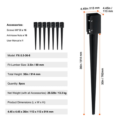 Staketstolpe Ankare Ground Spike, 8-pack 36 x 4 x 4 tum Ytterdiameter (Inre diameter 3,5 x3,5 tum), metall svart pulverlackerad stolpstake mark, för brevlåda däck trädgård räcke
