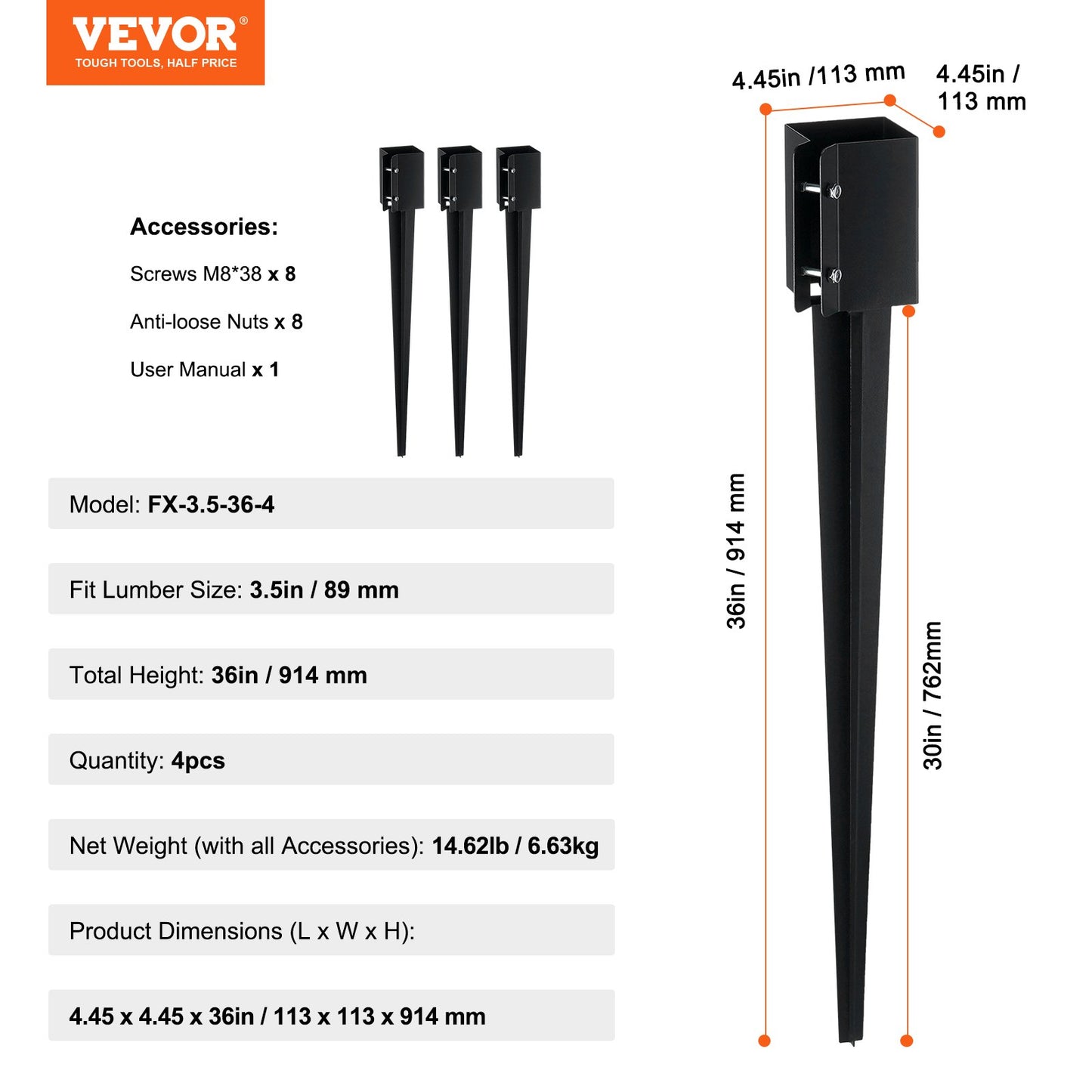 Staketstolpe Ankare Ground Spike, 4-pack 36 x 4 x 4 tum Ytterdiameter (Inre diameter 3,5 x3,5 tum), metall svart pulverlackerad stolpstake mark, för brevlådedäck trädgårdsräcke