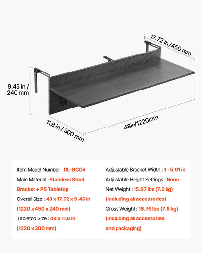 Balcony Hanging Table 12 x 48 Inch Patio Railing Bar Table Foldable