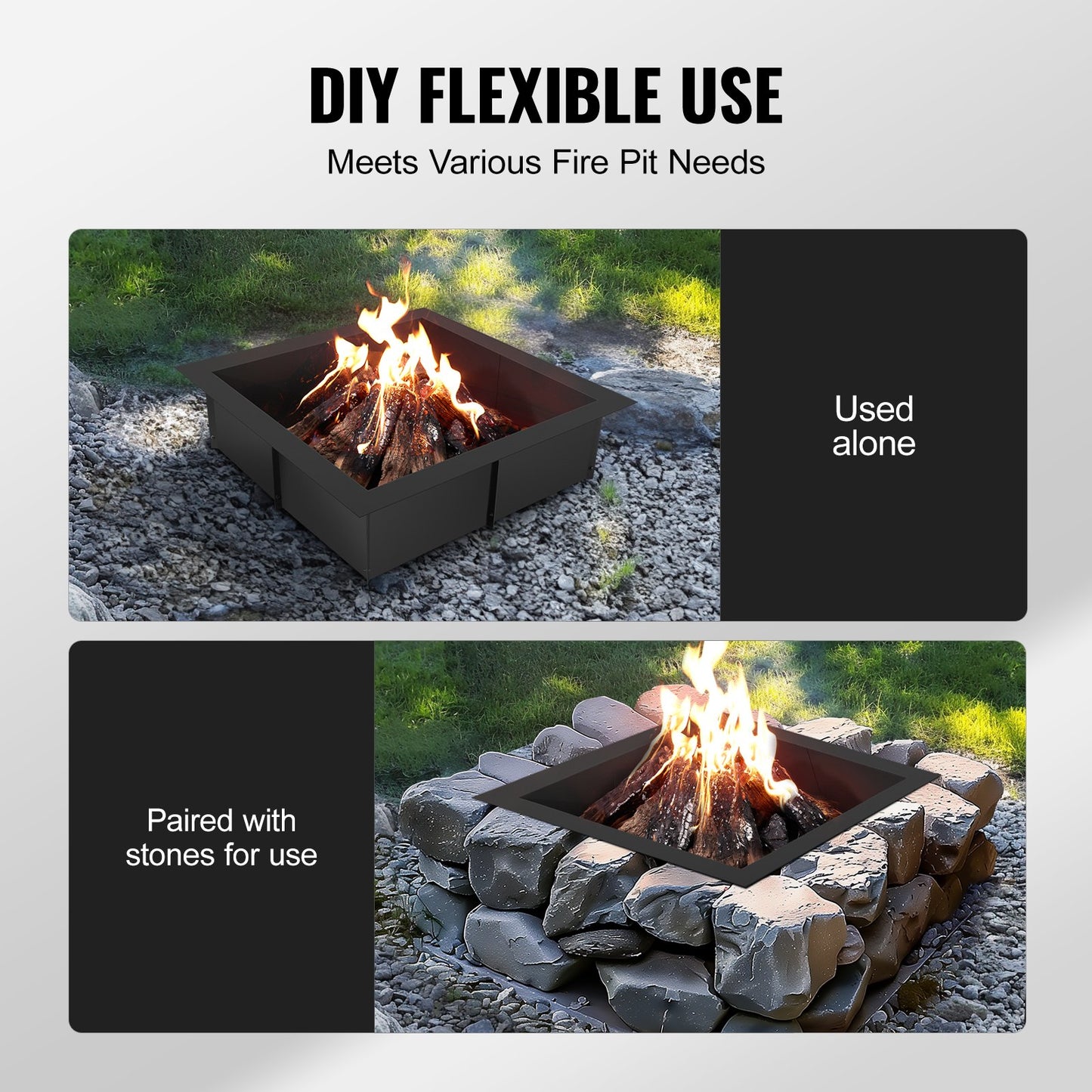 Fire Pit Ring fyrkantig 42x42 i yttre stålfoder DIY Campfire Ring Firepit