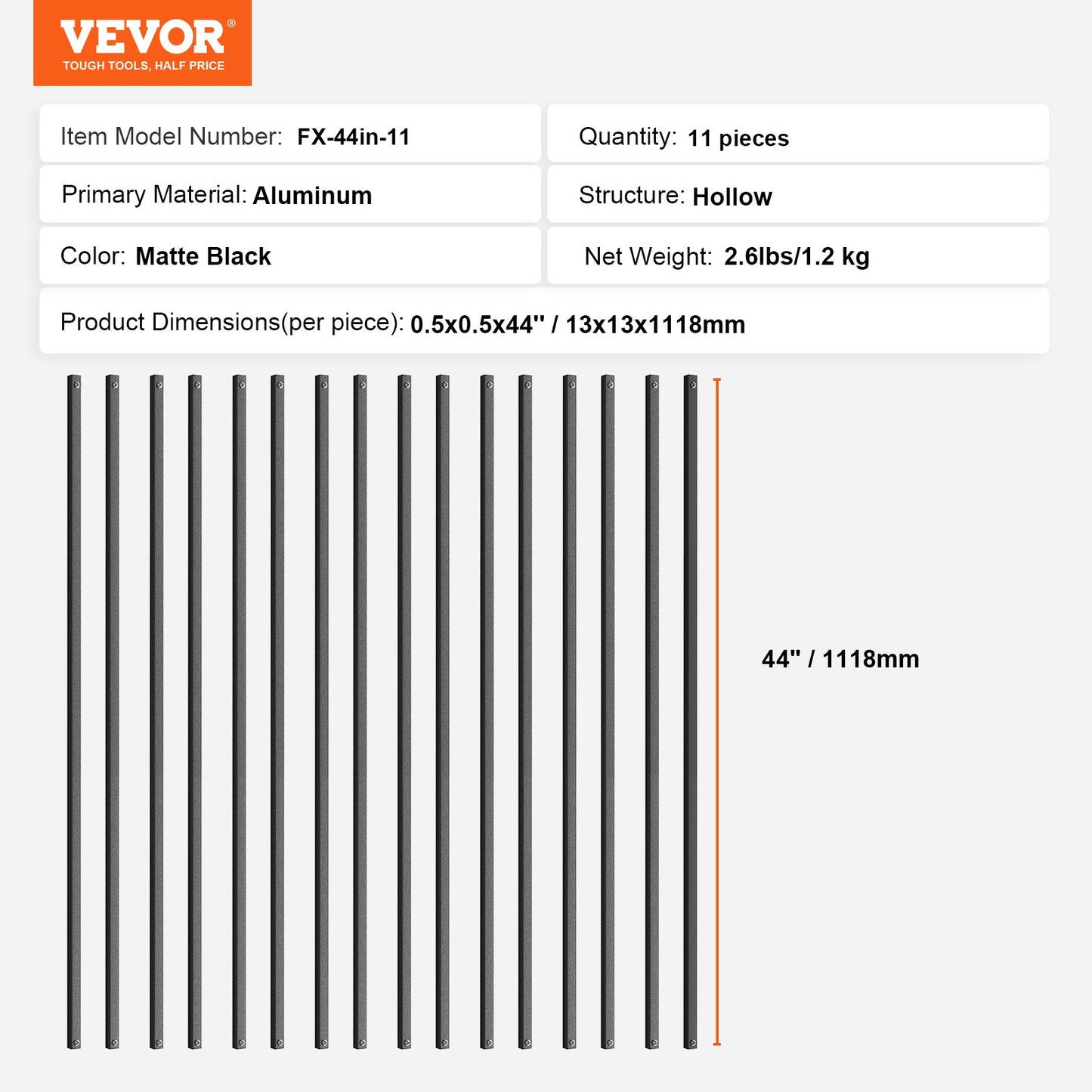 Staircase Metal Balusters 11 Pack 44''x0,5'' Aluminiumspindlar med skruvar