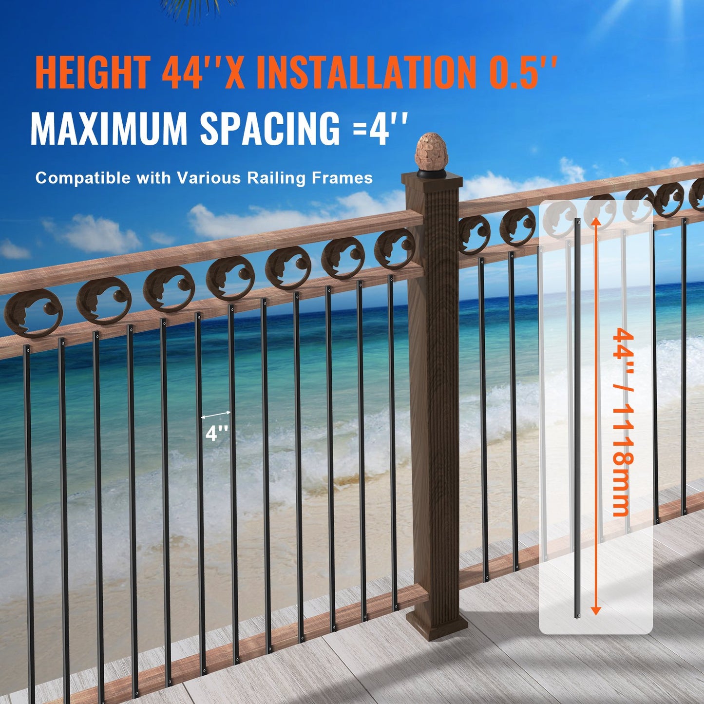 Staircase Metal Balusters, 44'' x 0.5'' Square Aluminum Alloy Decorative Railing Spindles, 31-Pack Deck Baluster with Screws, Classic Hollow Straight Deck Railing Satin Black Powder Coated