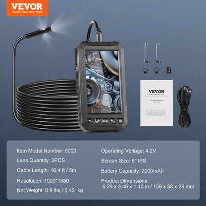 Endoskopkamera med lampor Trippellins borescope 16,4FT kabel 5" skärm