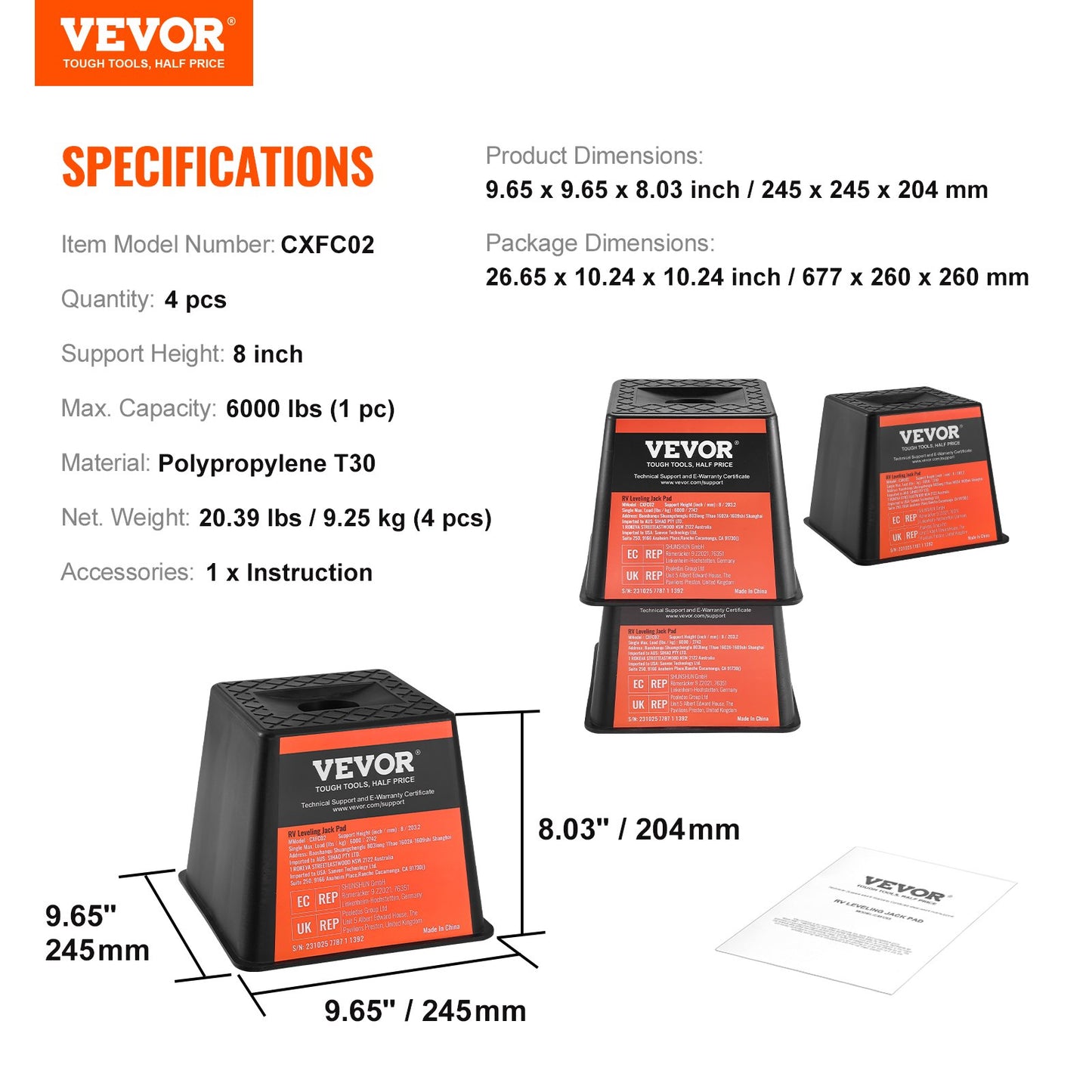 Trailer Jack Block, 6000 lbs Capacity per RV Leveling Block, High Quality Polypropylene RV Camper Stabilizer Blocks, RV Travel Accessories Use for All Heavy Duty Jack, Post, Foot, 5th Wheel, 4-Pack