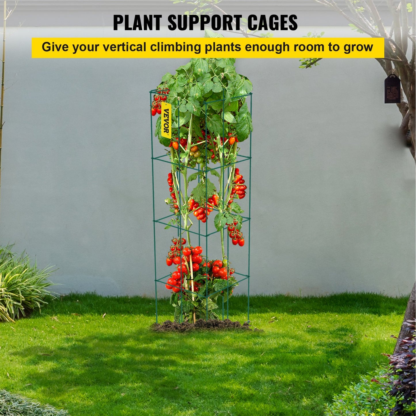 Tomato Cages, 14.6" x 14.6" x 39.4", 6-Pack Square Plant Support Cages, Green PVC Coated Steel Tomato Towers for Climbing Vegetables, Plants, Flowers, Fruits