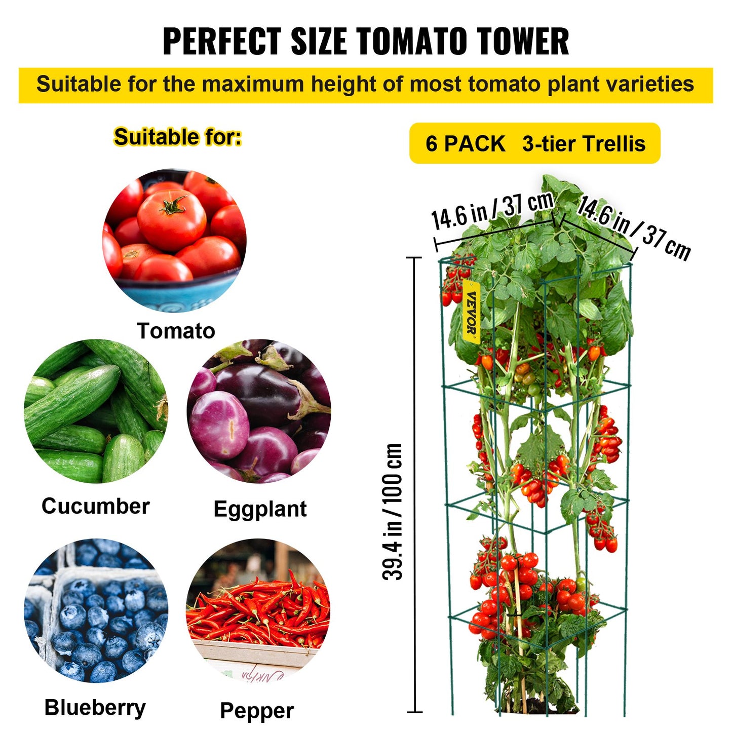 Tomato Cages, 14.6" x 14.6" x 39.4", 6-Pack Square Plant Support Cages, Green PVC Coated Steel Tomato Towers for Climbing Vegetables, Plants, Flowers, Fruits