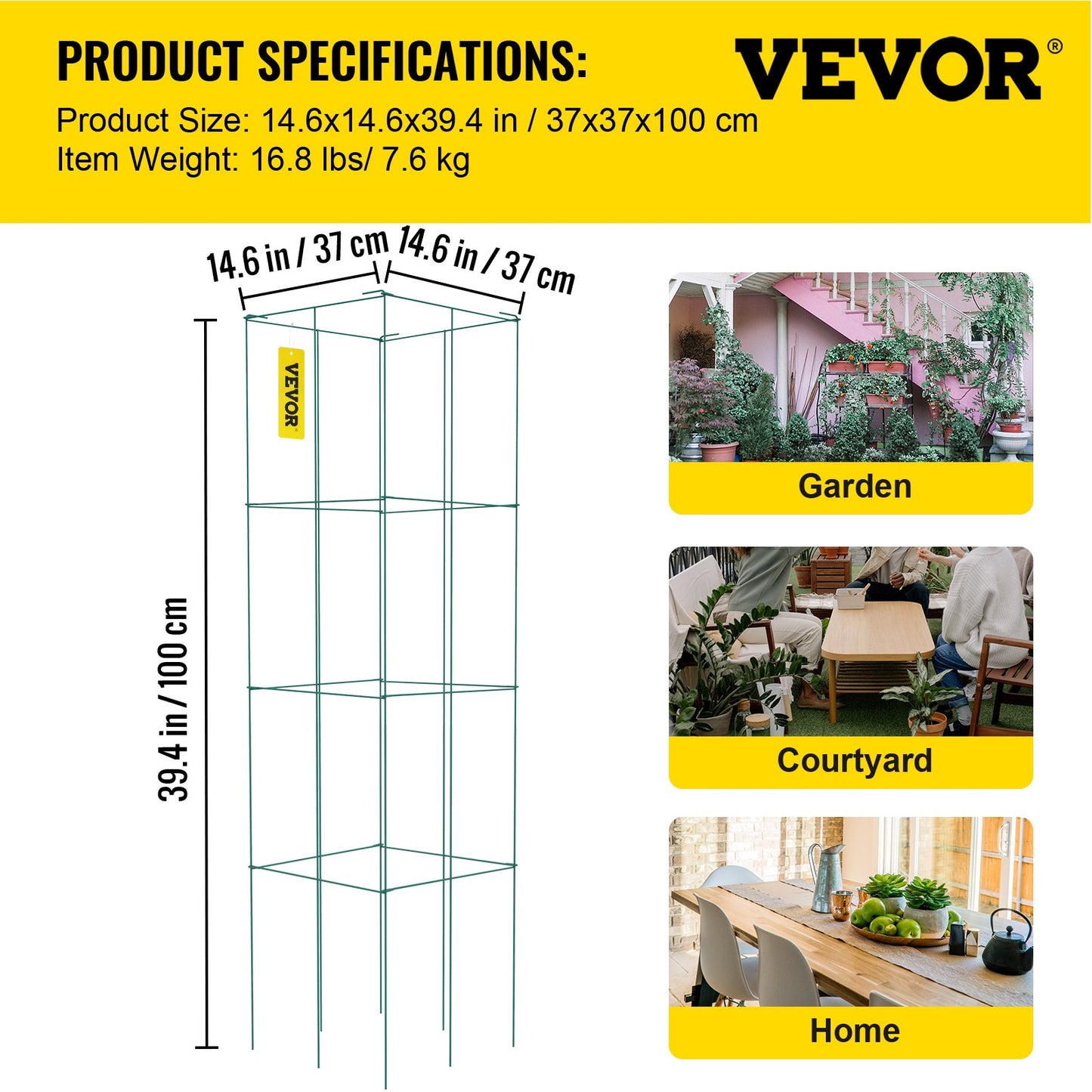 Tomato Cages, 14.6" x 14.6" x 39.4", 6-Pack Square Plant Support Cages, Green PVC Coated Steel Tomato Towers for Climbing Vegetables, Plants, Flowers, Fruits