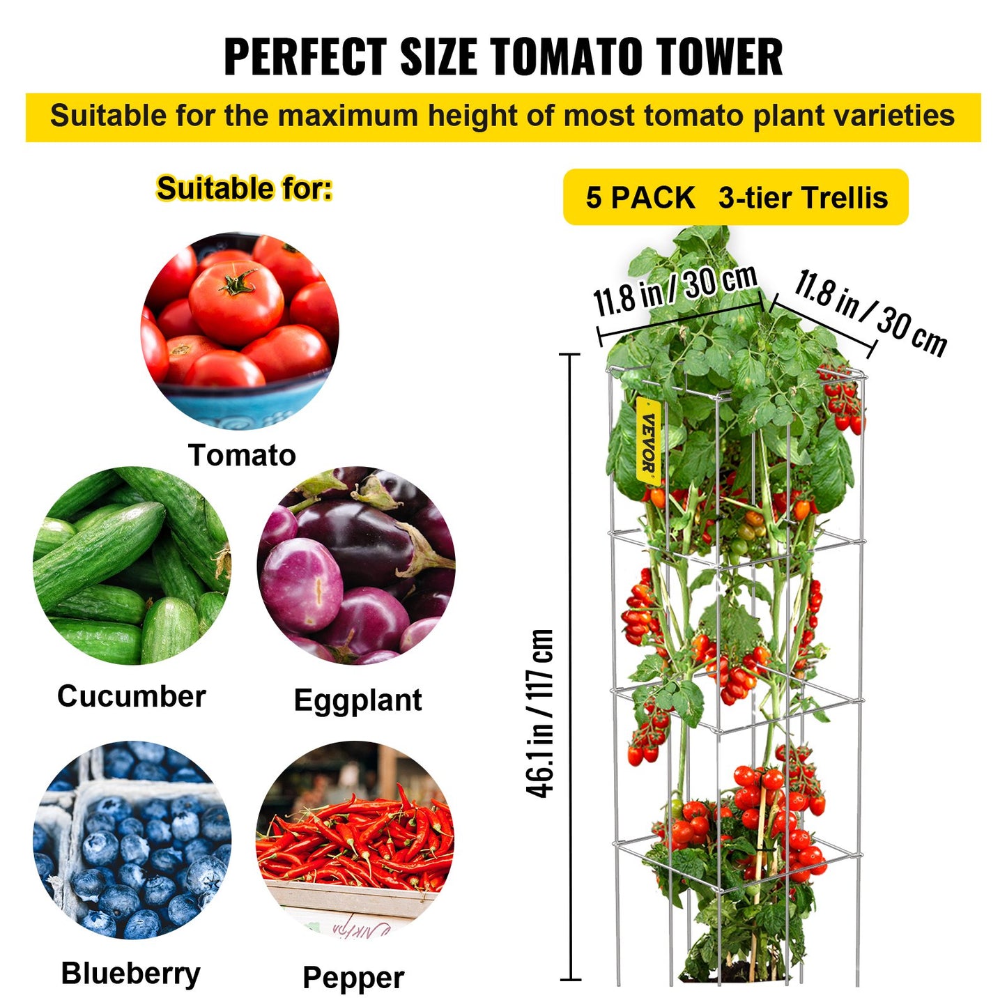 Tomatburar, 11,8\" x 11,8\" x 46,1\", 5-pack fyrkantiga växtstödburar, silver PVC-belagda ståltomattorn för klättring i grönsaker, växter, blommor, frukter