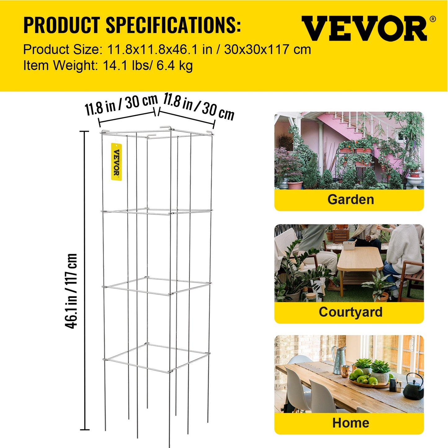 Tomatburar, 11,8\" x 11,8\" x 46,1\", 5-pack fyrkantiga växtstödburar, silver PVC-belagda ståltomattorn för klättring i grönsaker, växter, blommor, frukter