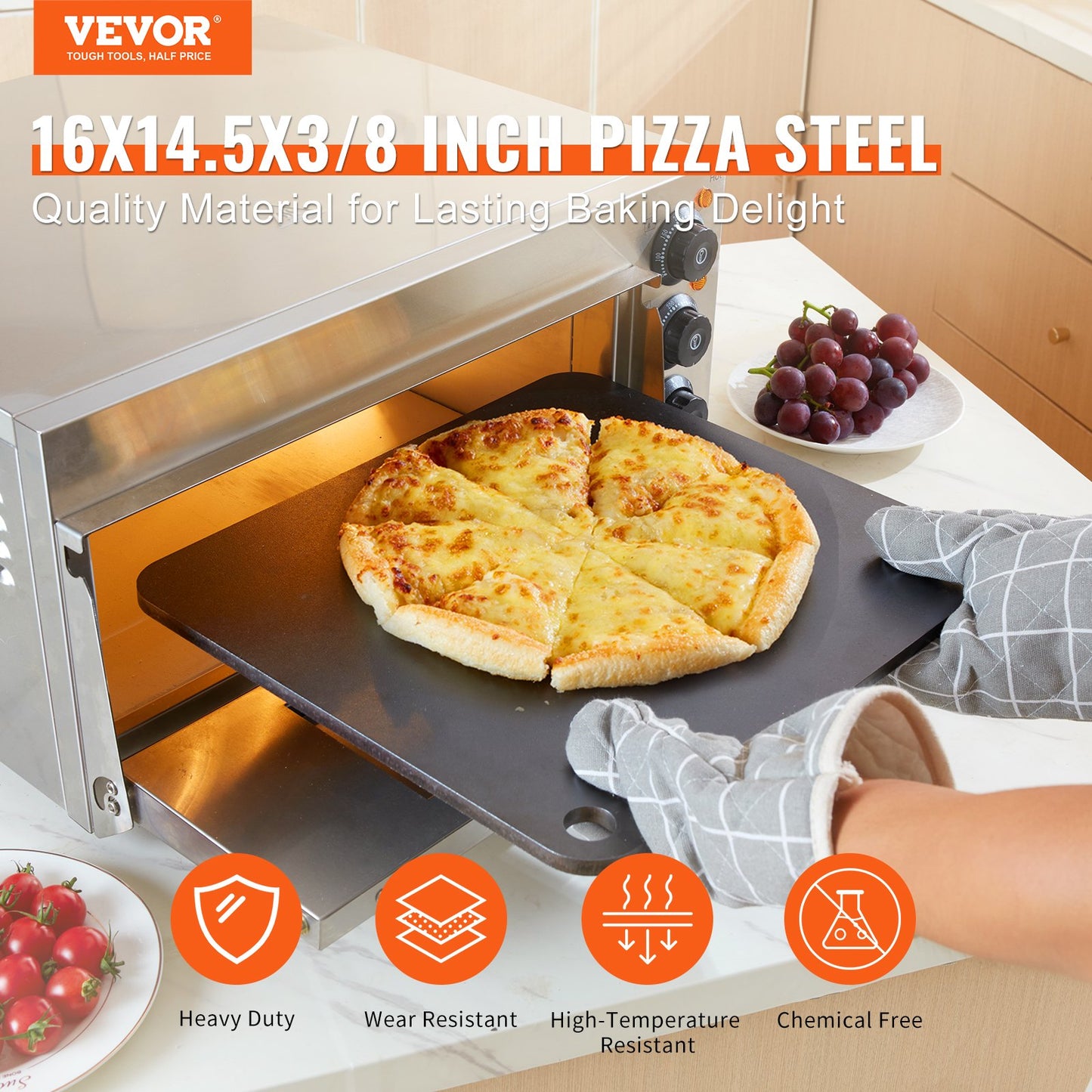 Pizzastahl, 16" x 14,5" x 3/8" Pizzastahlplatte für den Ofen, vorgewürzter Pizzabackstein aus Karbonstahl mit 20-mal höherer Leitfähigkeit, robuste Pizzapfanne für Außengrill, Innenofen