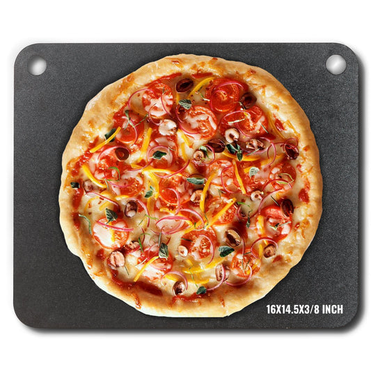 Pizzastål, 16" x 14,5" x 3/8" Pizzastålplatta för ugn, förkryddad pizzabaksten i kolstål med 20X högre ledningsförmåga, kraftig pizzapanna för utomhusgrill, inomhusugn