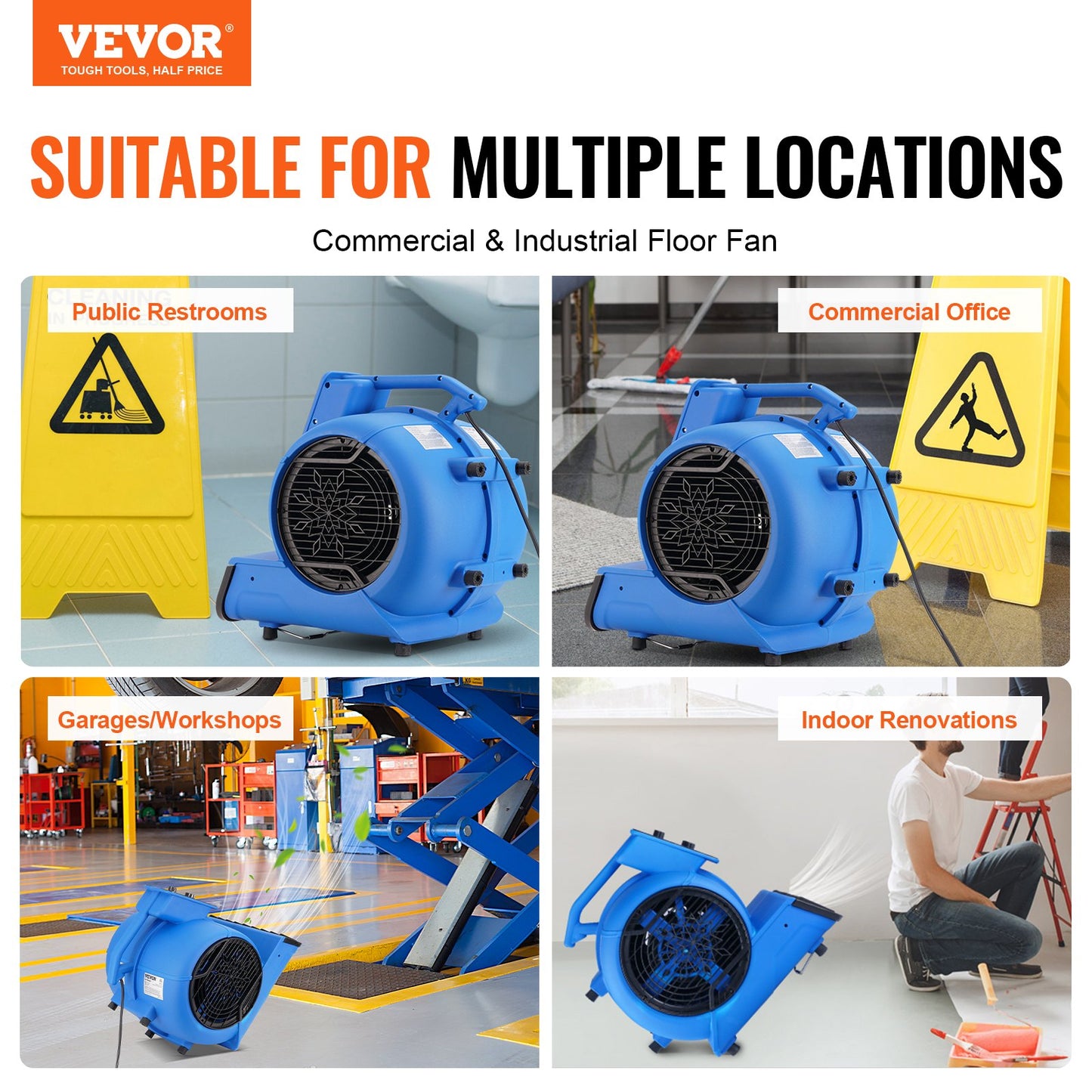Golvfläkt 1250 RPM 2600 CFM Air Mover med 4 blåsvinklar 3-hastigheter