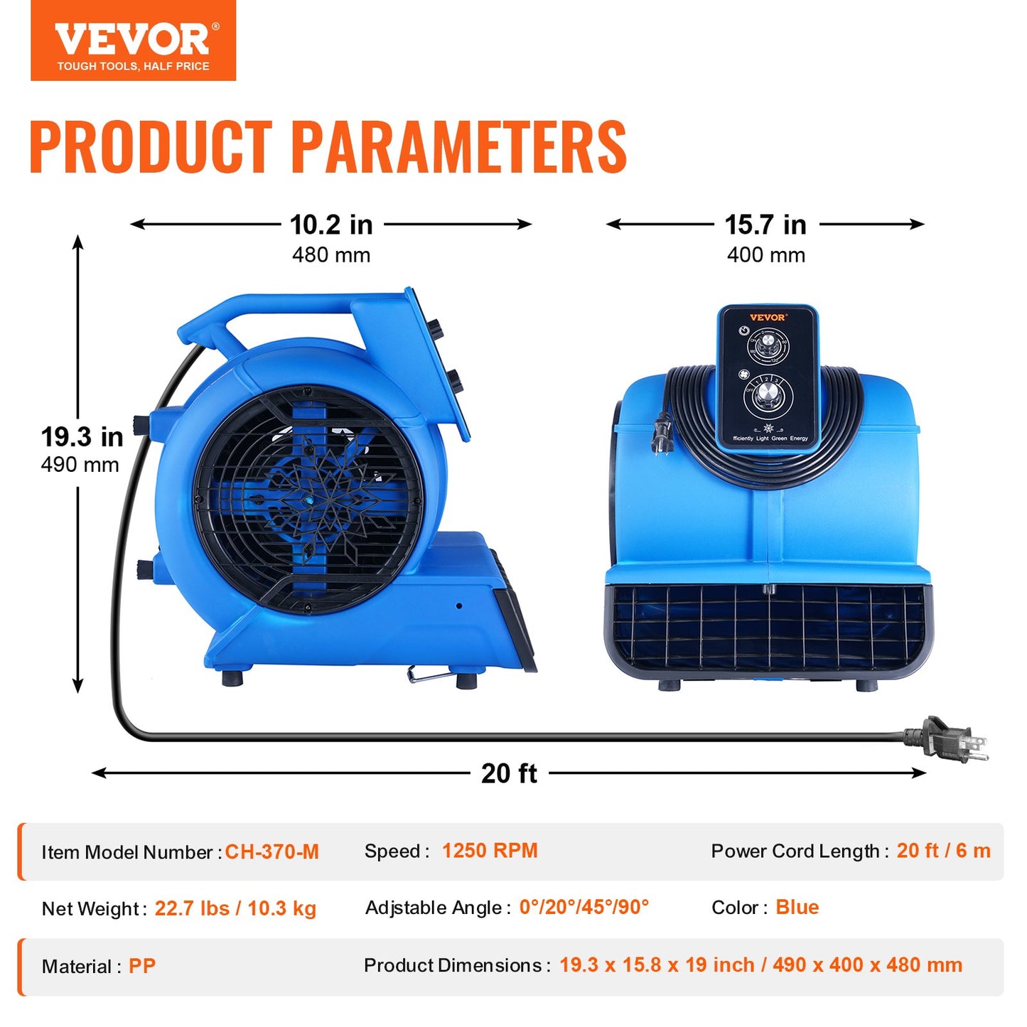 Golvfläkt 1250 RPM 2600 CFM Air Mover med 4 blåsvinklar 3-hastigheter