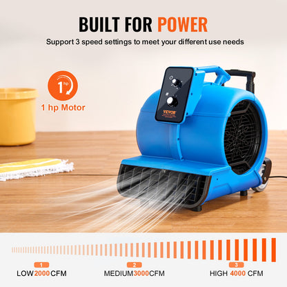 Golvfläkt 1400 RPM 4000 CFM Air Mover med 3 blåsvinklar 3-hastigheter