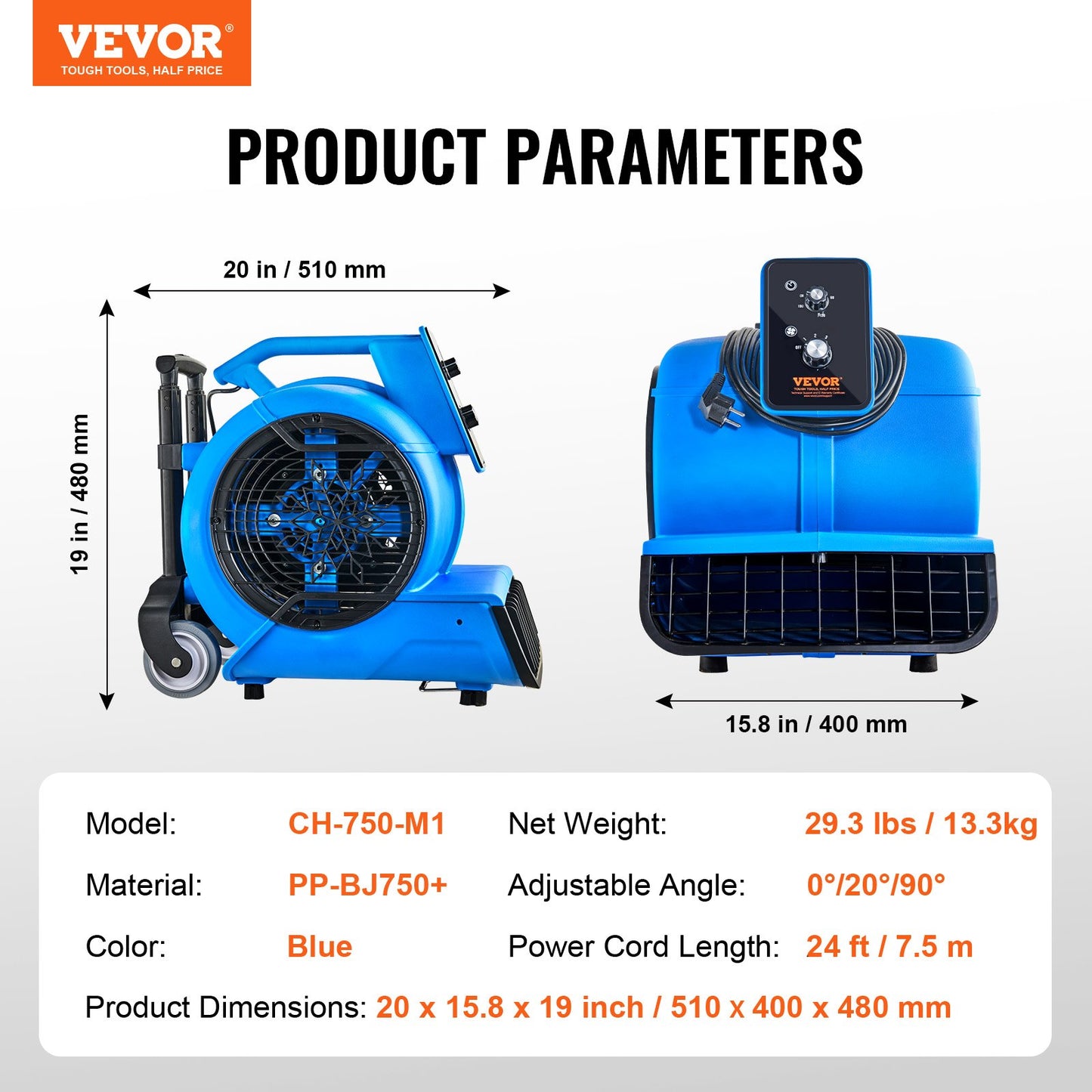 Golvfläkt 1400 RPM 4000 CFM Air Mover med 3 blåsvinklar 3-hastigheter