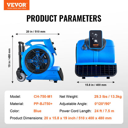 Golvfläkt 1400 RPM 4000 CFM Air Mover med 3 blåsvinklar 3-hastigheter