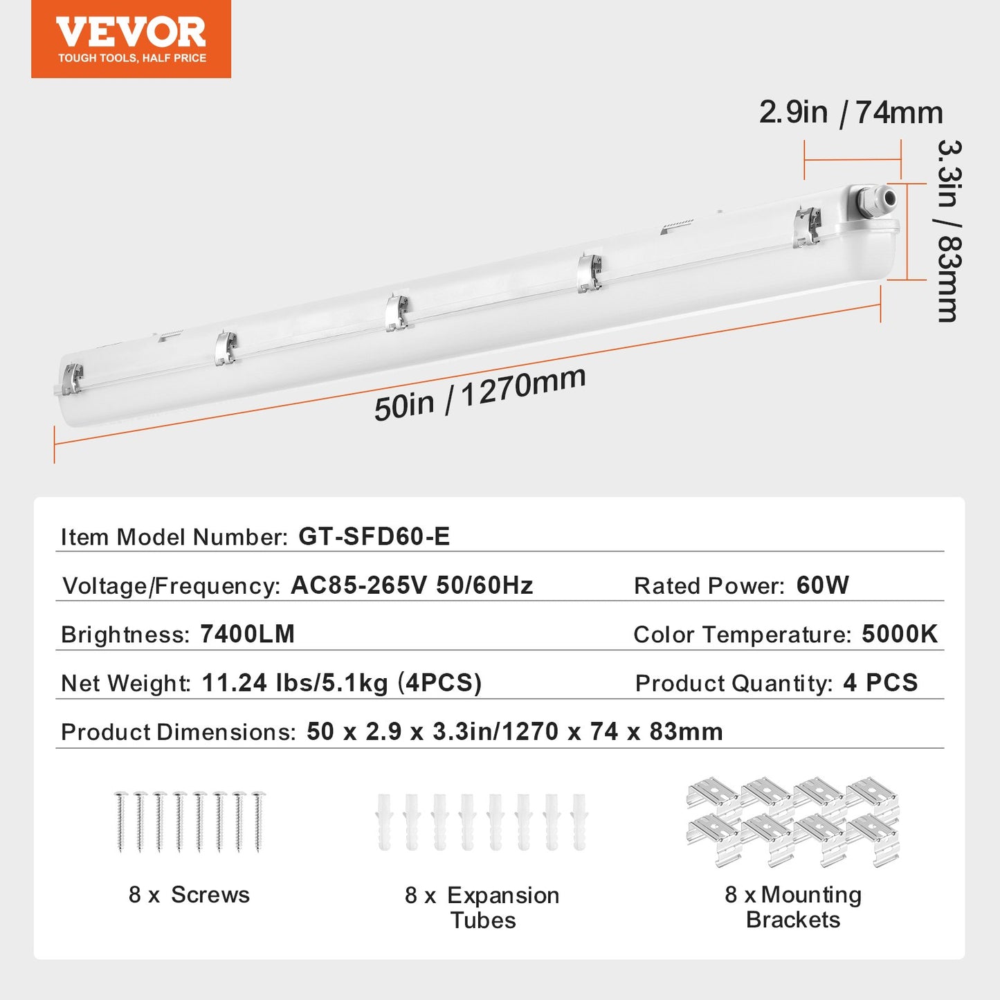 4ST 4FT LED ångtätt ljus 60W 7400LM ångsäkert ljusarmatur 5000K