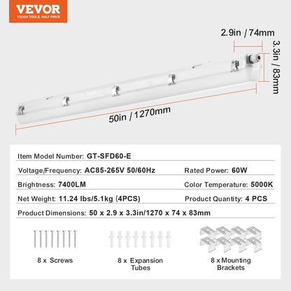 4ST 4FT LED ångtätt ljus 60W 7400LM ångsäkert ljusarmatur 5000K