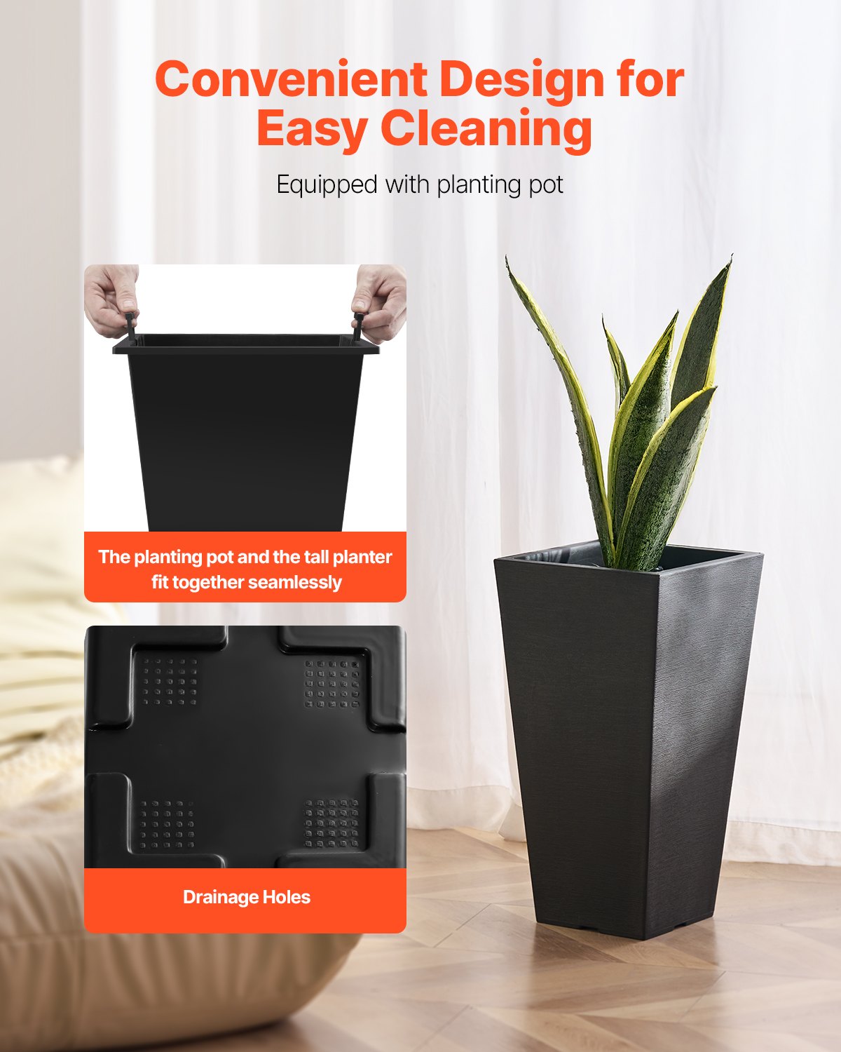 Tall Planter Set med 2 fyrkantiga avsmalnande planteringar 22 in för utomhus inomhus