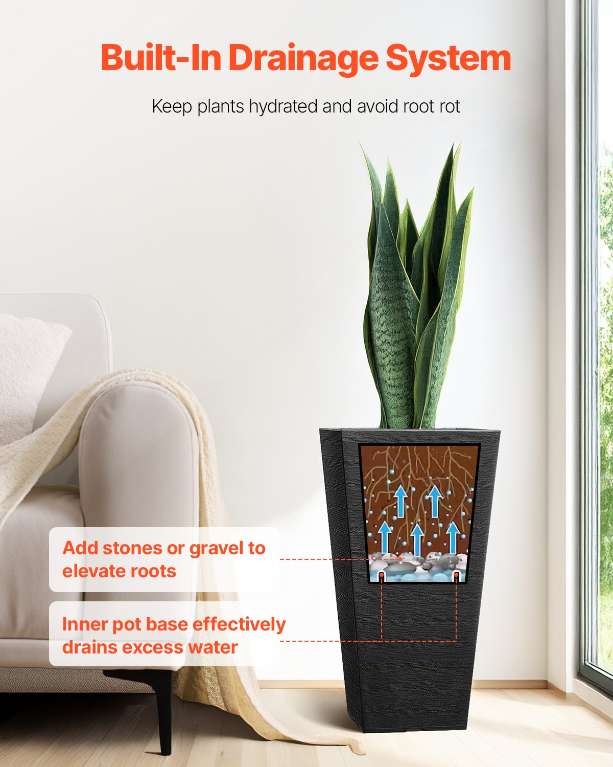 Tall Planter Set med 2 fyrkantiga avsmalnande planteringar 22 in för utomhus inomhus