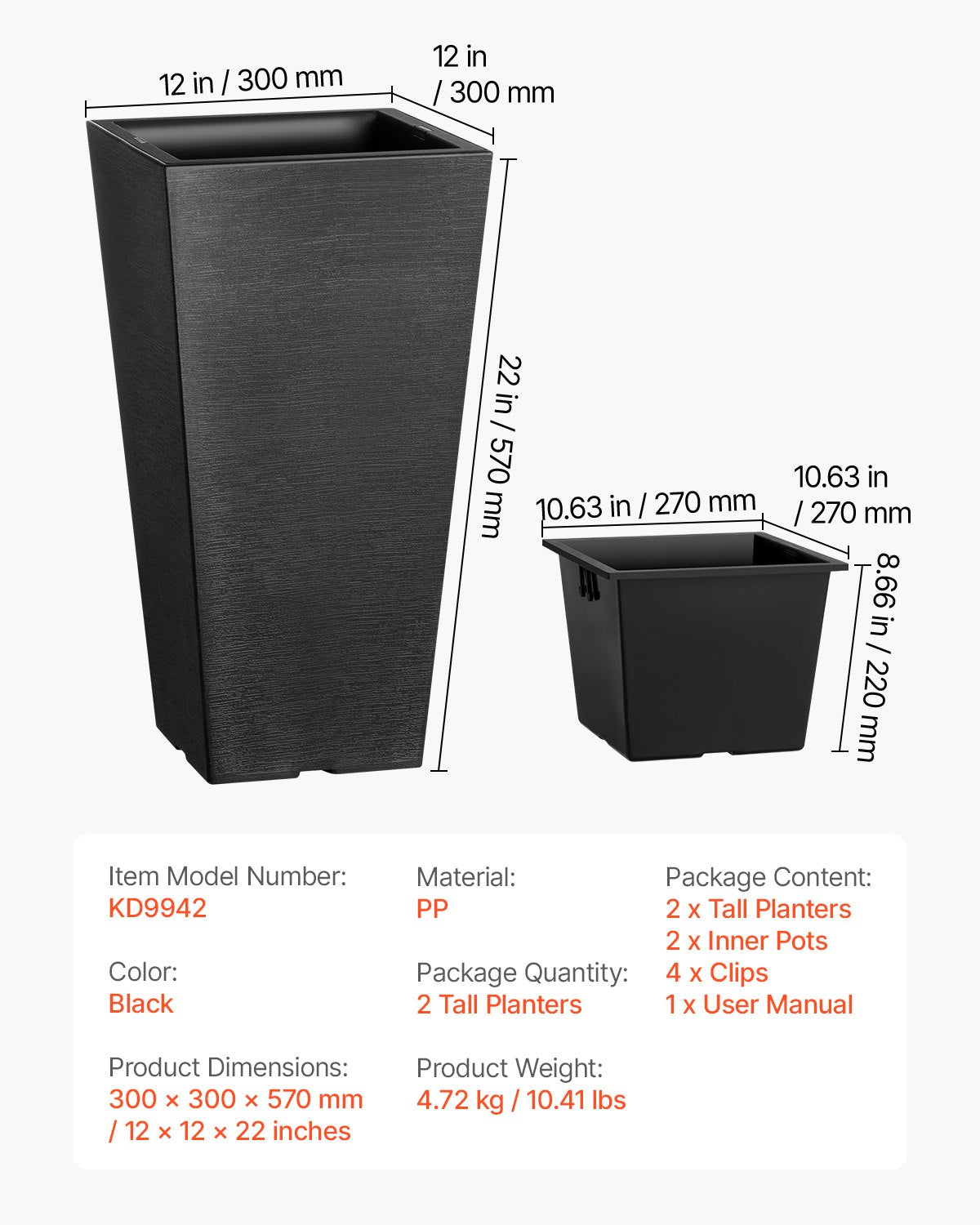 Tall Planter Set med 2 fyrkantiga avsmalnande planteringar 22 in för utomhus inomhus
