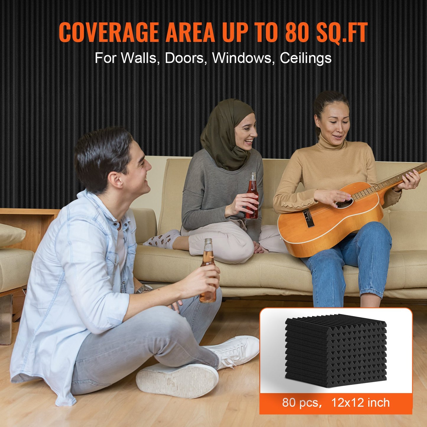 Acoustic Foam Panels 80-Pack 12 x 12 x 1 Inch for Studio Wall and Ceiling