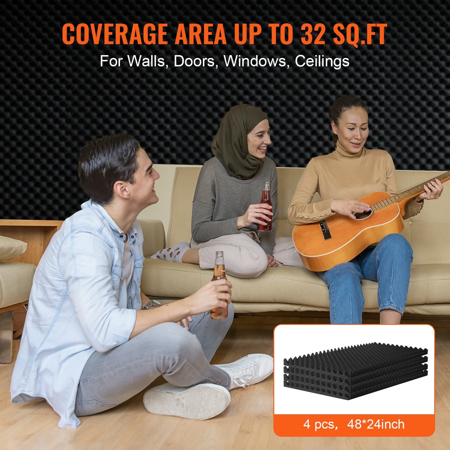 Akustikschaumplatten, 4er-Pack, 48 x 24 x 2 Zoll, für Studiowände und -decken