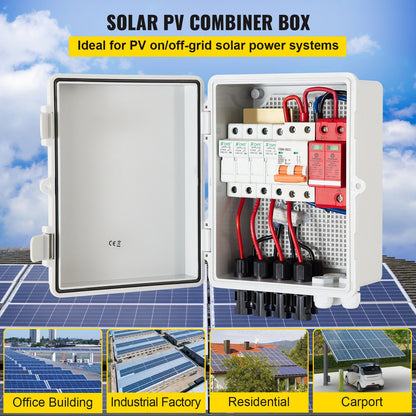 PV Combiner Box, 4-String, Solar Combiner Box with 15A Rated Current Fuse, 63A Circuit Breaker, Lightning Arrester and Solar Connector, for On/Off Grid Solar Panel System, IP65 Waterproof