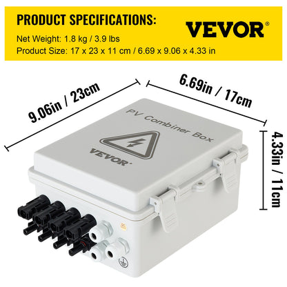 PV Combiner Box, 4-String, Solar Combiner Box with 15A Rated Current Fuse, 63A Circuit Breaker, Lightning Arrester and Solar Connector, for On/Off Grid Solar Panel System, IP65 Waterproof