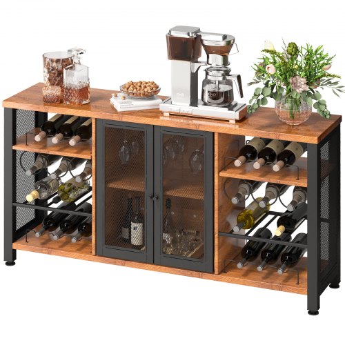 Industrial Bar Cabinet, 55 Inch Rustic Oak, 330 LBS Wine Table for Liquor with Wine Racks (24 Bottles), Glass Holders and Metal Sideboard, Farmhouse Wood Coffee Bar for Living Room, Dining Room