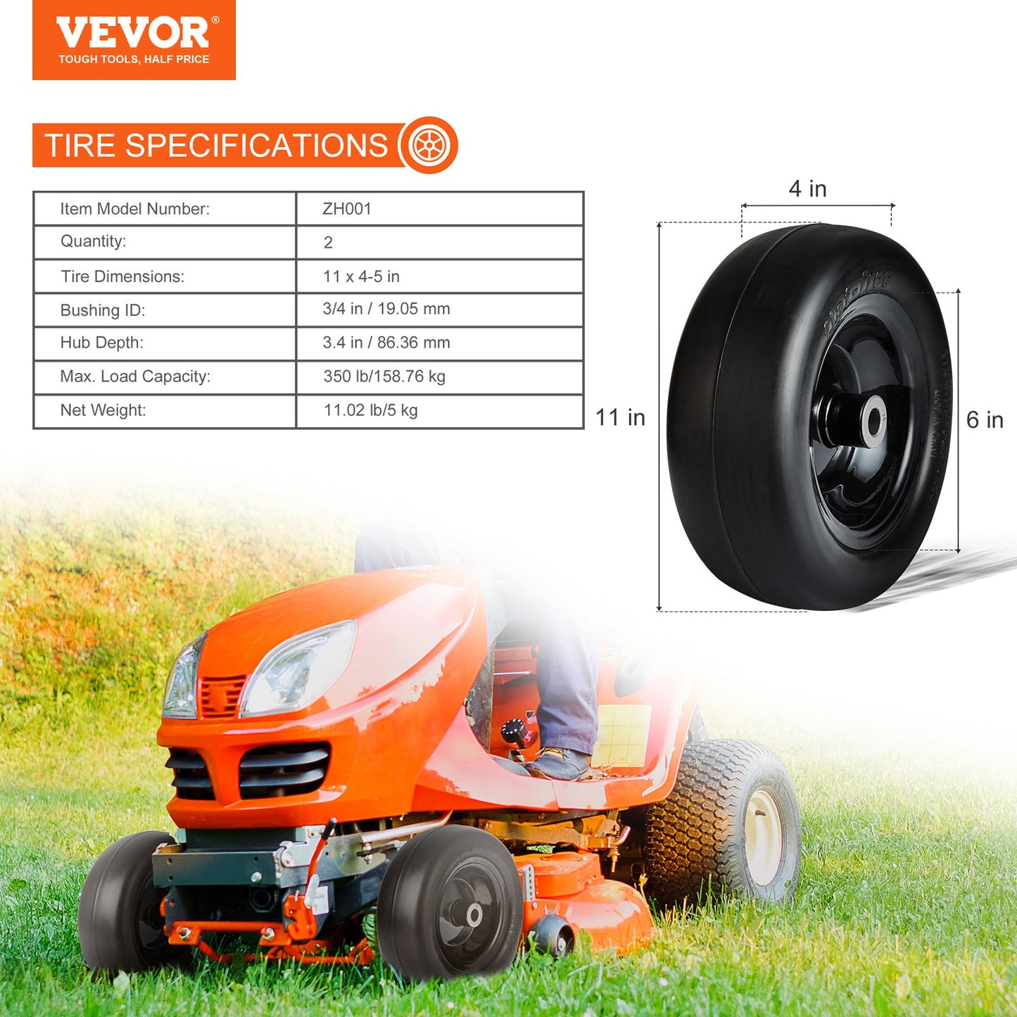 Lawnmower Tire with Rim, 11x4-7" Tubeless Tractor Tire, 2-Pack Tire and Wheel Assembly, Flat-Free PU Tire, 3.4" Centered Hub, 3/4" Bushing Size, 20pcs Adapters for Riding Mowers Lawn Tractors