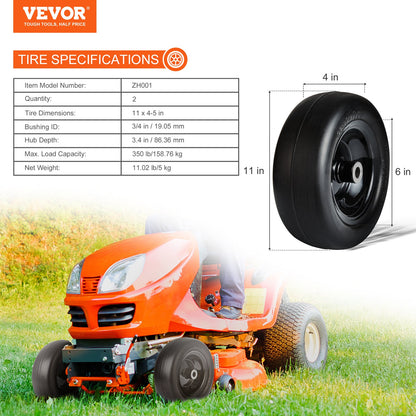 Lawnmower Tire with Rim, 11x4-7" Tubeless Tractor Tire, 2-Pack Tire and Wheel Assembly, Flat-Free PU Tire, 3.4" Centered Hub, 3/4" Bushing Size, 20pcs Adapters for Riding Mowers Lawn Tractors