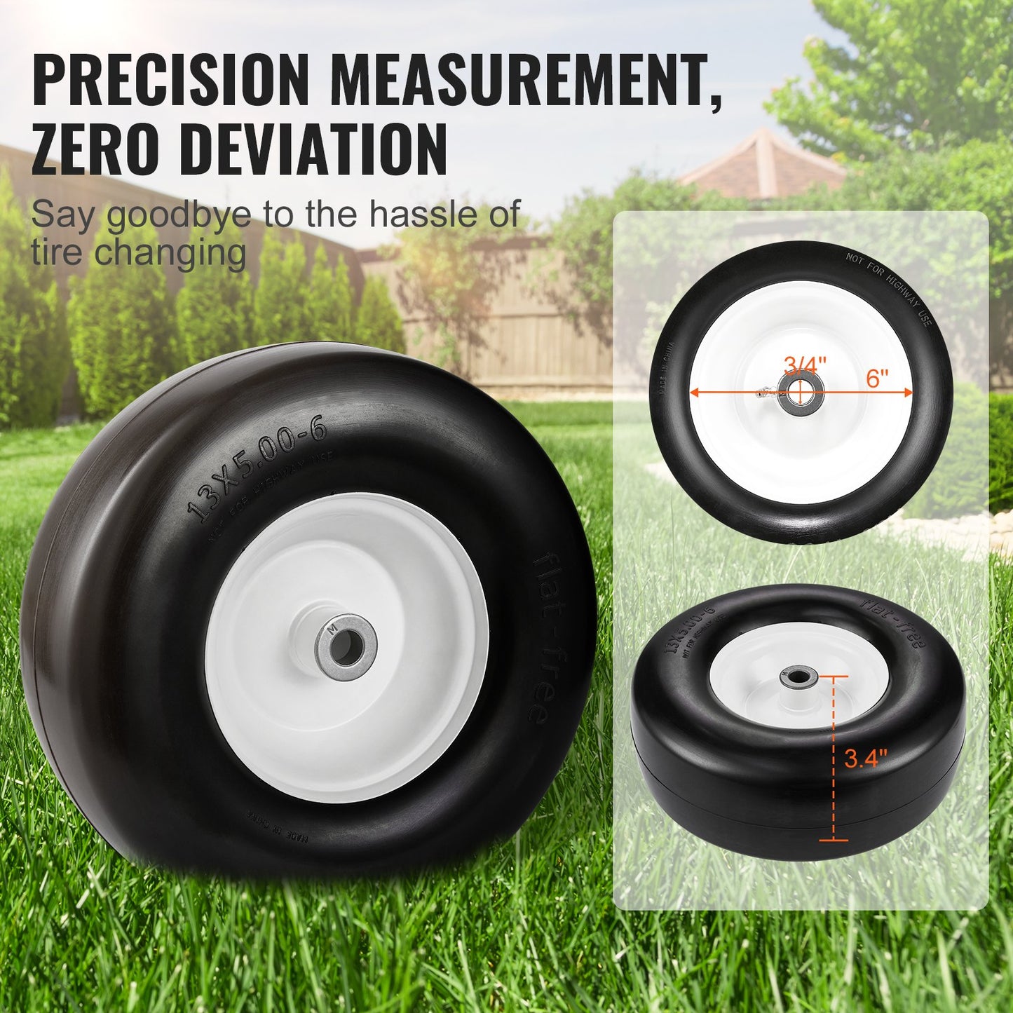 Gräsklippardäck med fälg, 13x5-6" Tubeless traktordäck, 2-pack däck och hjulenhet, plattfria PU-däck, 3,25"-5,9" centrerat nav, 3/4" bussningsstorlek, 20 ST adapter för gräsklippare traktorer
