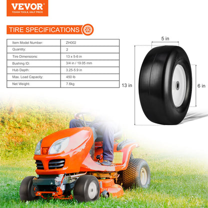 Gräsklippardäck med fälg, 13x5-6" Tubeless traktordäck, 2-pack däck och hjulenhet, plattfria PU-däck, 3,25"-5,9" centrerat nav, 3/4" bussningsstorlek, 20 ST adapter för gräsklippare traktorer