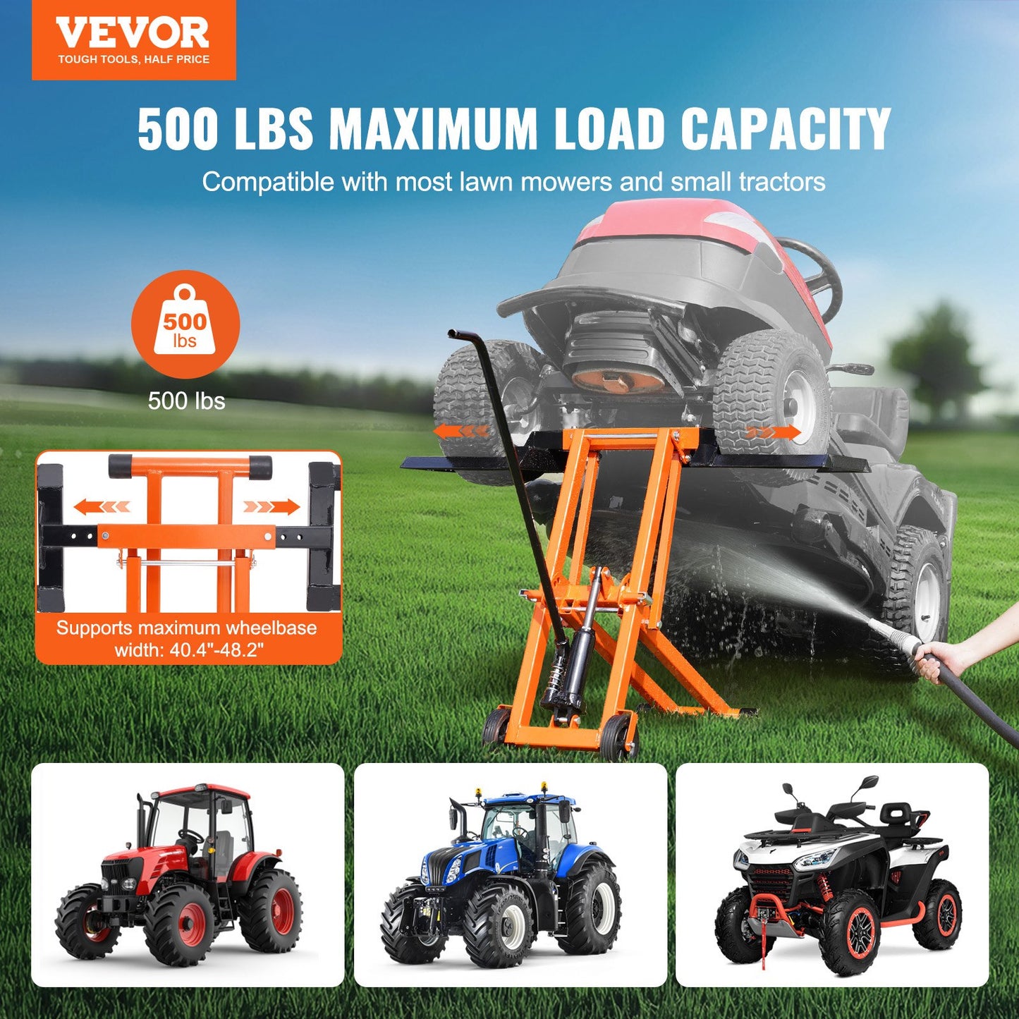 500 pound lawn mower lift with hydraulic jack for riding lawn mower