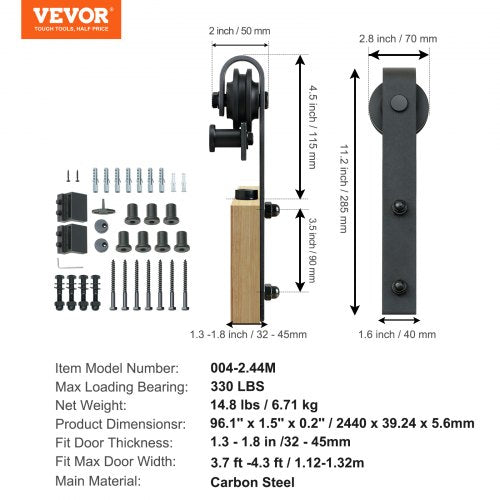 8FT Hårdvarusats för skjutbar ladugårdsdörr, 330LBS lastning Heavy Duty ladugårdsdörrspårsats för enkeldörr, passar 3,7-4,3FT bred och 1,3"-1,8" tjock dörrpanel, med slät och tyst remskiva (J-form) |  EU