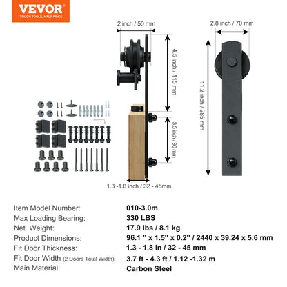2,44 m Schiebetür-Hardware-Set, 149 kg schweres Scheunentor-Schienenset für Doppeltüren, passend für 1,1–1,3 m breite und 3,3–4,6 cm dicke 2-Tür-Paneele, mit glatter und leiser Rolle (I-Form)